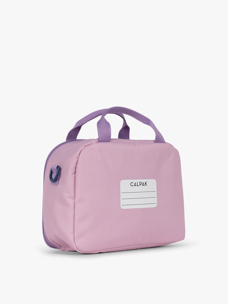 CALPAK Kids Lunch Bag in lavender pink Orchid Pink back view with top handle and name tag section
