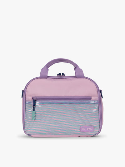 CALPAK Kids Lunch Bag in lavender pink Orchid Pink front view with lavender pink zippers and blue mesh front pocket, water-proof lining, insulated, multiple interior pockets, and back name tag; CKLB2501-ORCHID-PINK  view 1