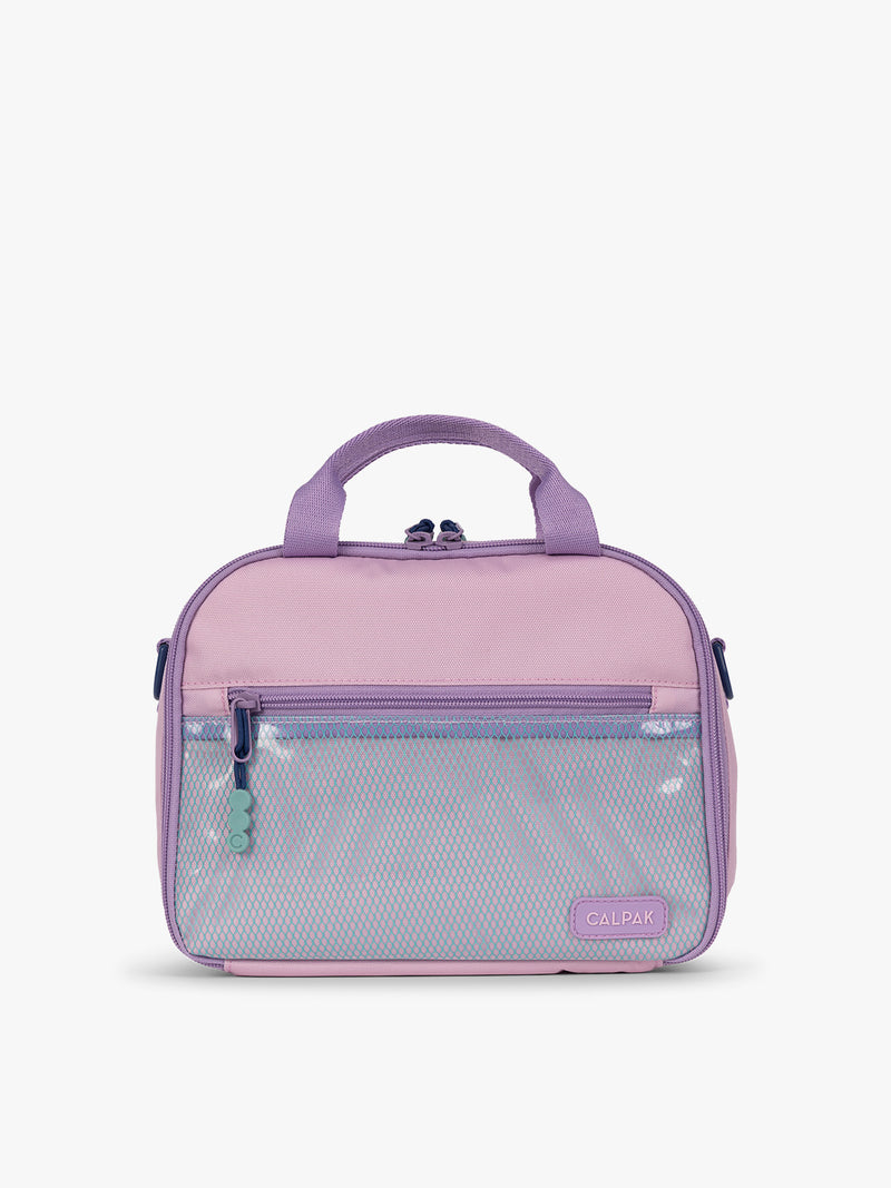 CALPAK Kids Lunch Bag in lavender pink Orchid Pink front view with lavender pink zippers and blue mesh front pocket, water-proof lining, insulated, multiple interior pockets, and back name tag