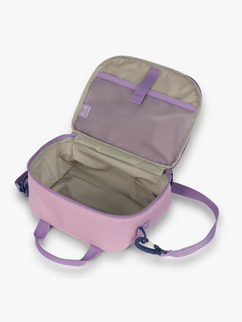 CALPAK Kids Lunch Bag in lavender pink Orchid Pink opened view with water-proof lining, insulated, and mesh pocket