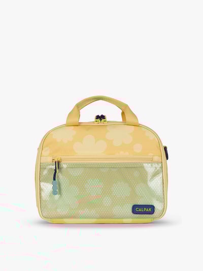 CALPAK Kids Lunch Bag in yellow with tan flower print in Yellow Bloom front view with yellow zippers and blue mesh front pocket, water-proof lining, insulated, multiple interior pockets, and back name tag; CKLB2501-YELLOW-BLOOM