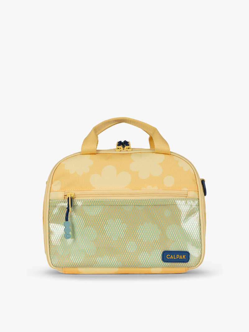 CALPAK Kids Lunch Bag in yellow with tan flower print in Yellow Bloom front view with yellow zippers and blue mesh front pocket, water-proof lining, insulated, multiple interior pockets, and back name tag