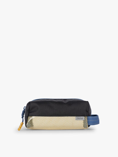 CALPAK Kids Pencil Case in Black front view with blue zippers and yellow mesh front pocket; CKPC2501-BLACK view 1