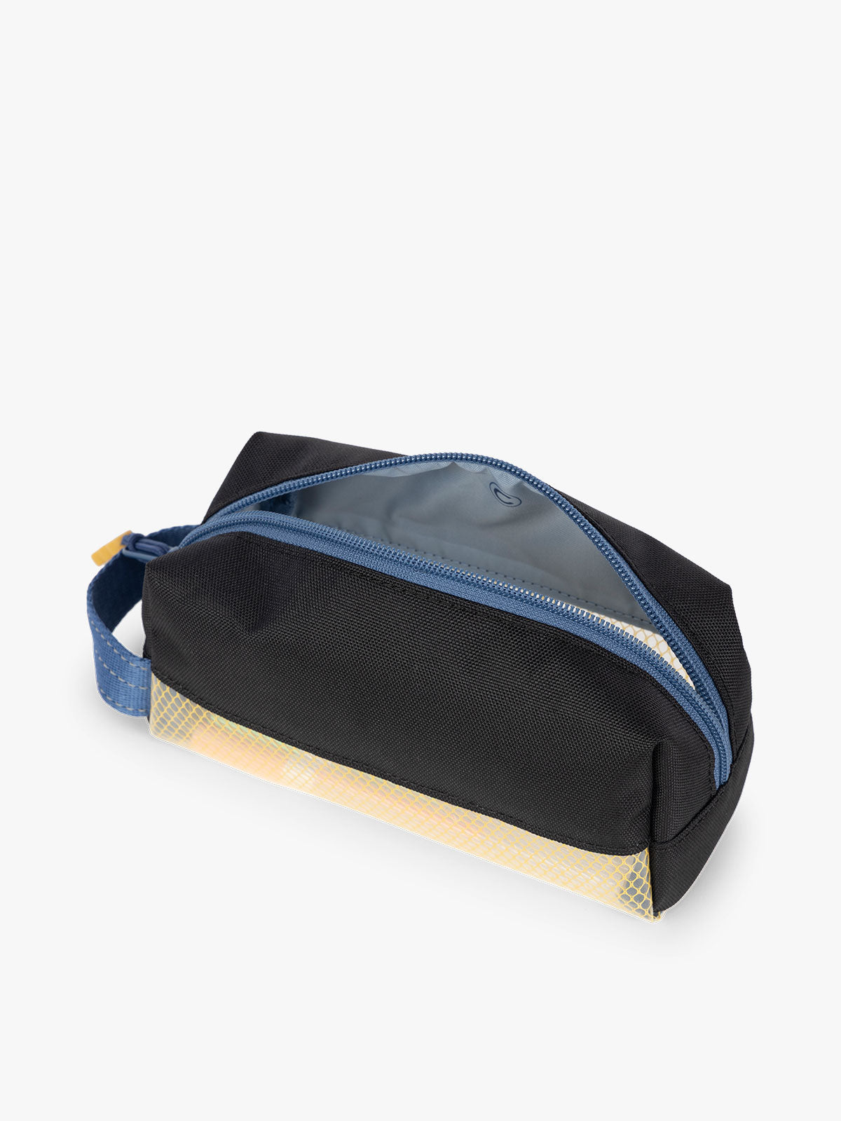 CALPAK Kids Pencil Case in Blue side  view with dark blue zippers and yellow mesh front pocket; CKPC2501-BLACK