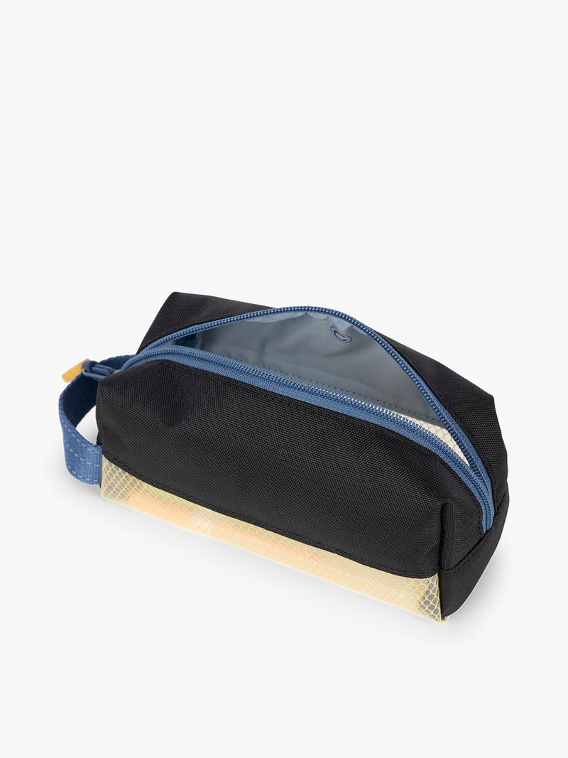 CALPAK Kids Pencil Case in Blue side  view with dark blue zippers and yellow mesh front pocket