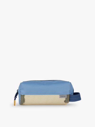 CALPAK Kids Pencil Case in Blue front view with dark blue zippers and yellow mesh front pocket; CKPC2501-BLUE view 1