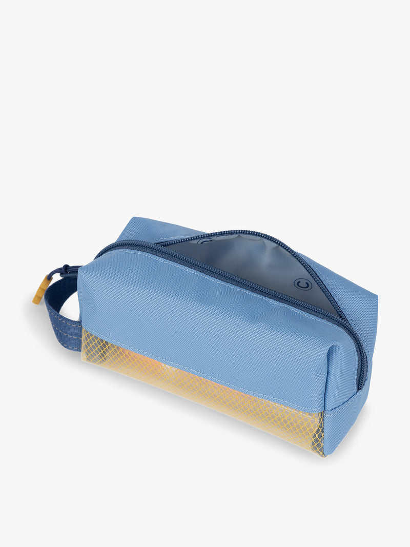 CALPAK Kids Pencil Case in Blue side  view with dark blue zippers and yellow mesh front pocket