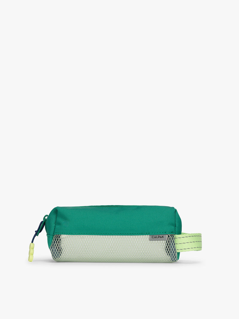 Green CALPAK Kids Pencil Case with lime green accents and mesh bottom on a white background