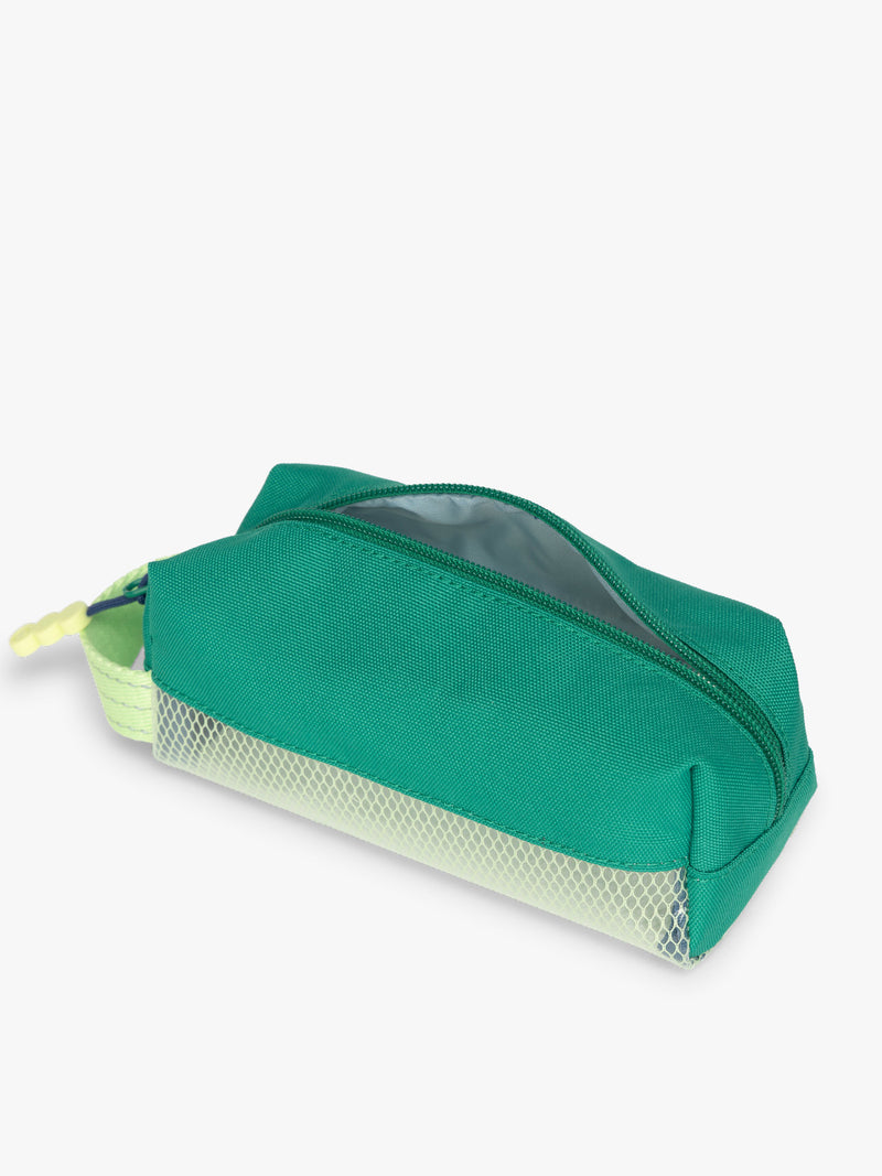 Side opened view of Green CALPAK Kids Pencil Case with lime green accents and mesh bottom on a white background
