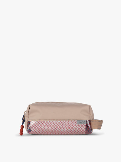 CALPAK Kids Pencil Case in brown and tan Khaki front view with tan brown zippers and red mesh front pocket; CKPC2501-KHAKI view 1