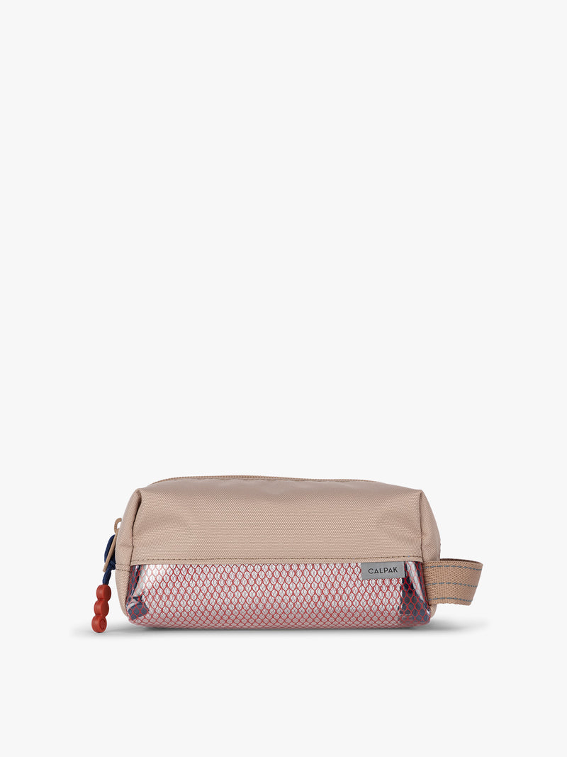 CALPAK Kids Pencil Case in brown and tan Khaki front view with tan brown zippers and red mesh front pocket