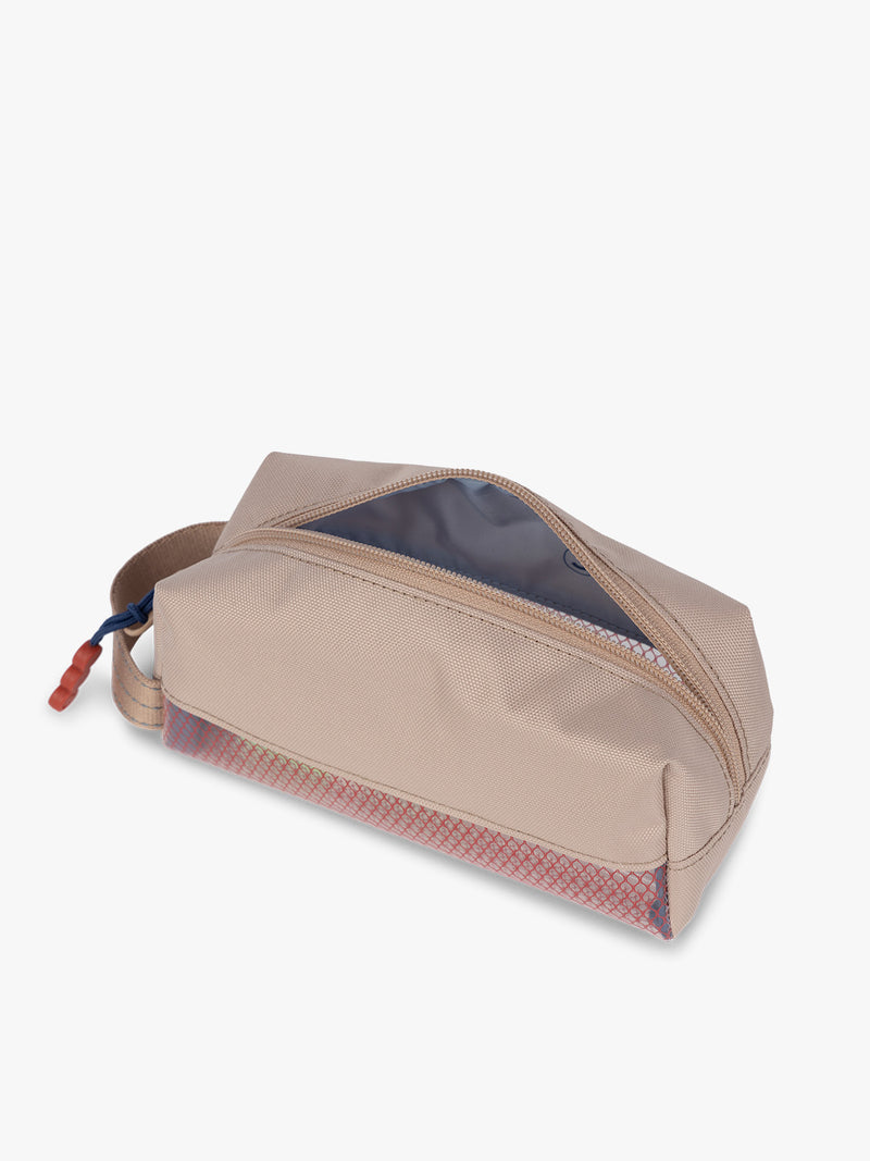 CALPAK Kids Pencil Case in brown and tan Khaki side view with tan brown zippers and red mesh front pocket