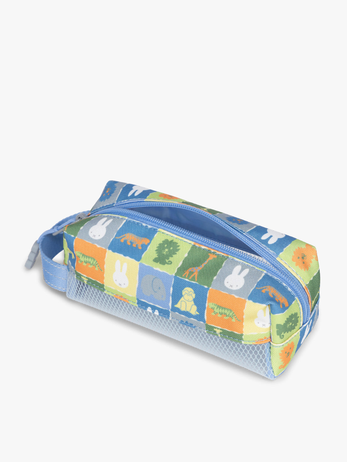 Side view of colorful CALPAK Kids Pencil Case with Miffy and cartoon designs on a white background in Miffy Blue Zoo Trip; CKPC2501-MIFFY-BLUE-ZOO-TRIP