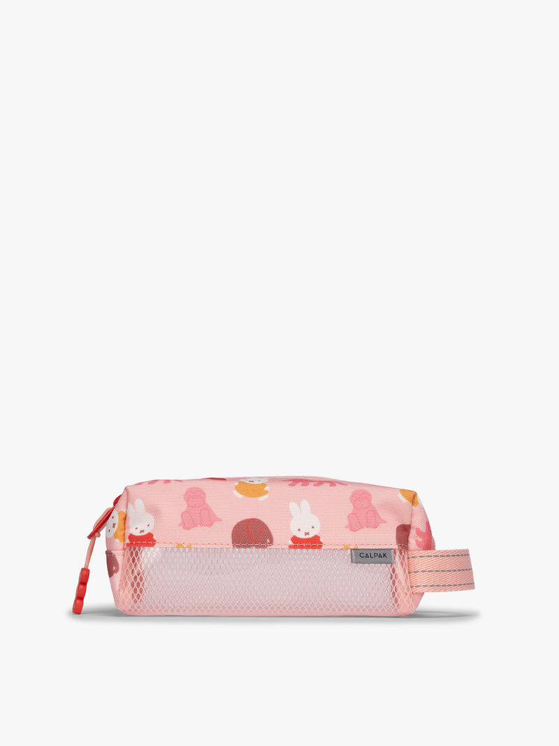 Colorful CALPAK Kids Pencil Case with Miffy and cartoon designs on a white background in Miffy Pink Zoo Trip