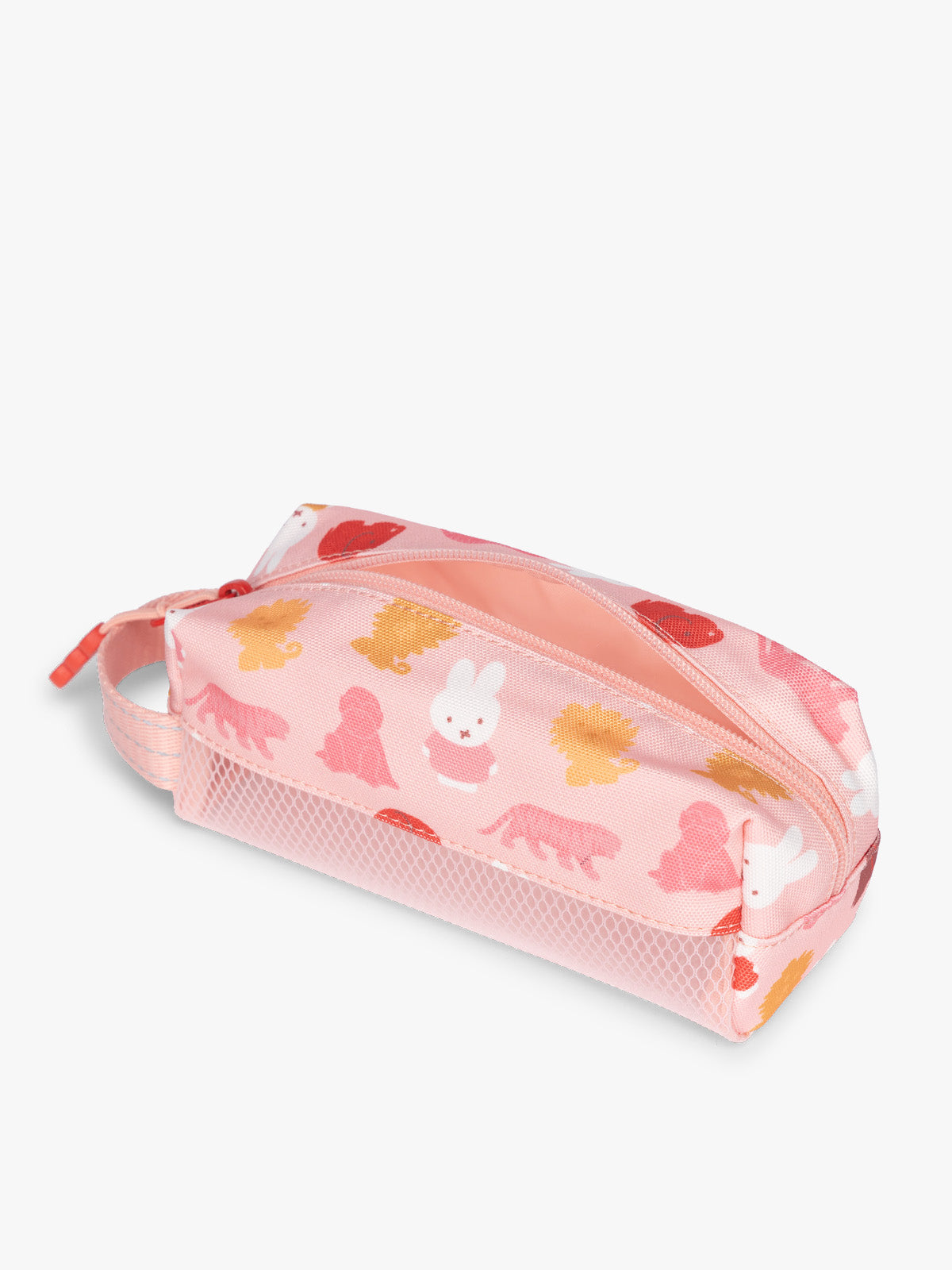Side view with zipper of colorful CALPAK Kids Pencil Case with Miffy and cartoon designs on a white background in Miffy Pink Zoo Trip; CKPC2501-MIFFY-PINK-ZOO-TRIP