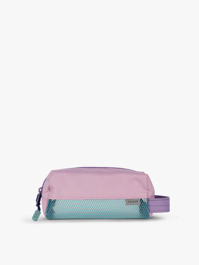 CALPAK Kids Pencil Case in lavender pink Orchid Pink front view with lavender pink zippers and blue mesh front pocket; CKPC2501-ORCHID-PINK view 1