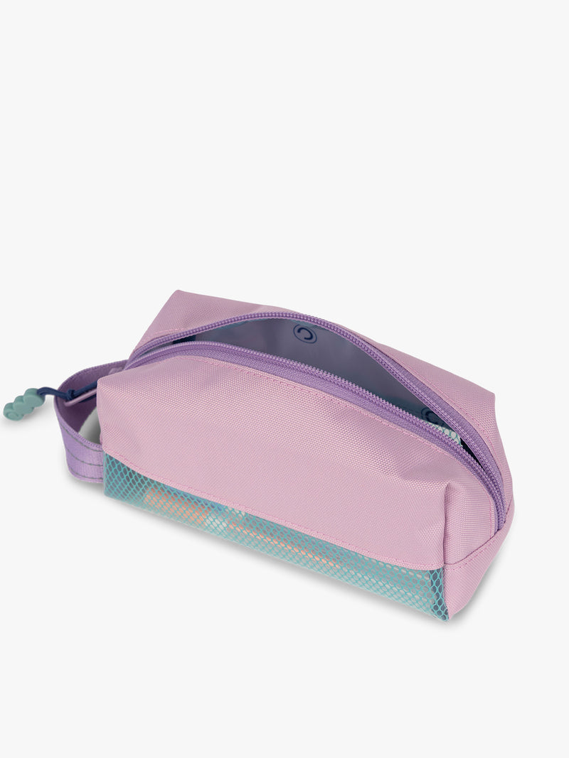 CALPAK Kids Pencil Case in lavender pink Orchid Pink side view with lavender pink zippers and blue mesh front pocket