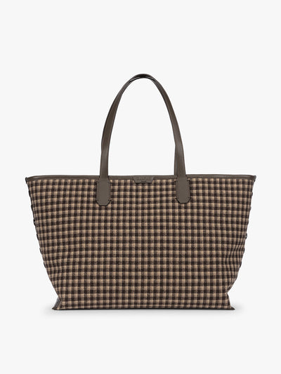 A structured CALPAK Colette 15 Laptop Tote bag with a brown and beige gingham pattern and dark brown leather handles in Mushroom, shown against a plain light gray background; CLCT2601-MUSHROOM-PLAID