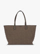 A structured CALPAK Colette 15 Laptop Tote bag with a brown and beige gingham pattern and dark brown leather handles in Mushroom, shown against a plain light gray background; CLCT2601-MUSHROOM-PLAID