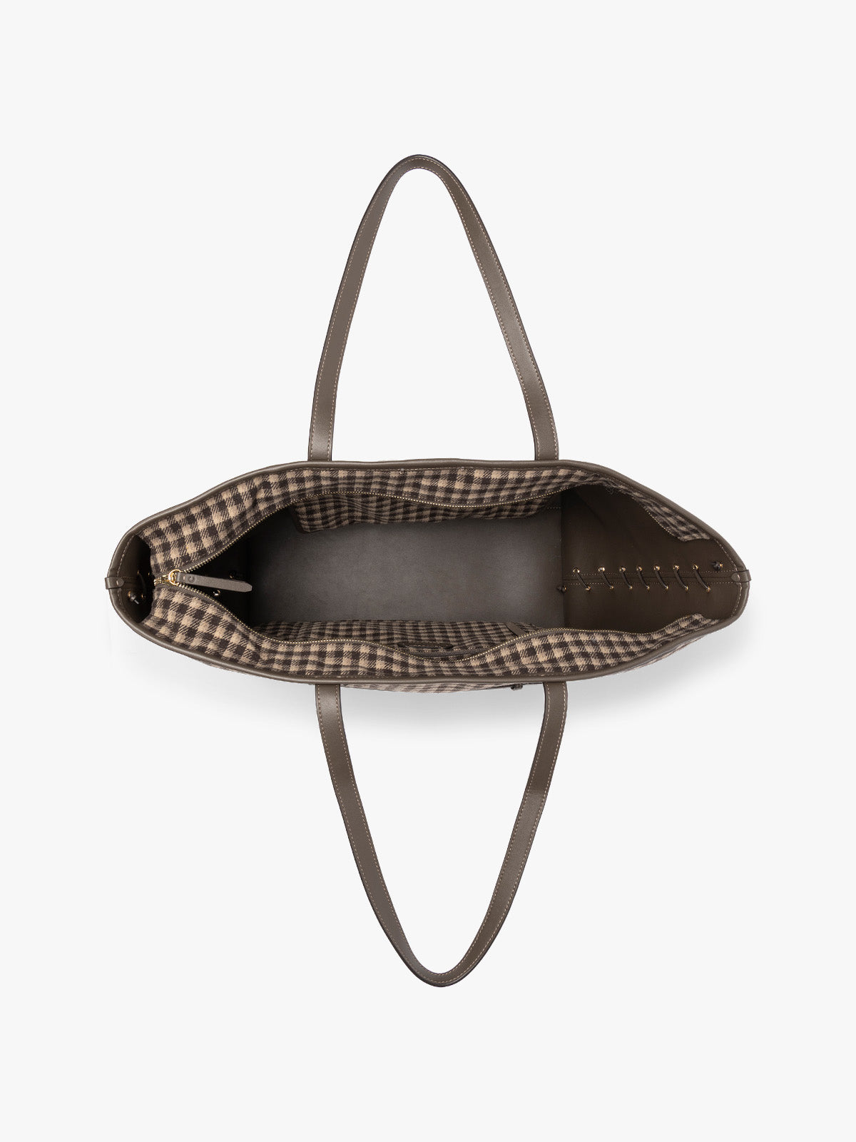 Top-down view of a structured CALPAK Colette 15 Laptop Tote bag with a brown and beige gingham pattern and dark brown leather handles in Mushroom, shown against a plain light gray background; CLCT2601-MUSHROOM-PLAID