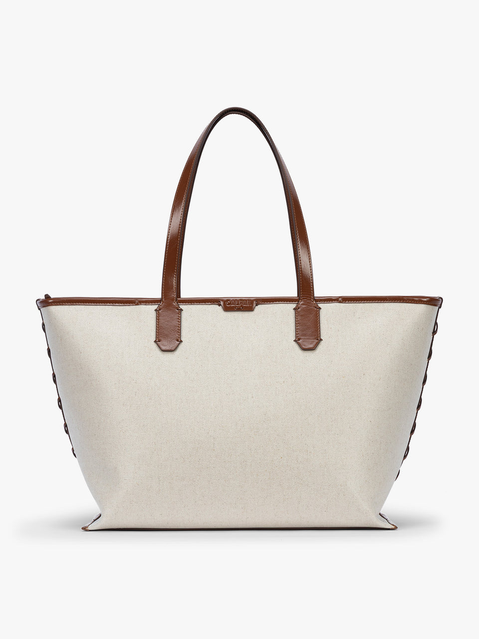 CALPAK Colette 15" Canvas Laptop Tote in beige canvas material with brown finishing in Natural Brown; CLCT2601-NATURAL-BROWN