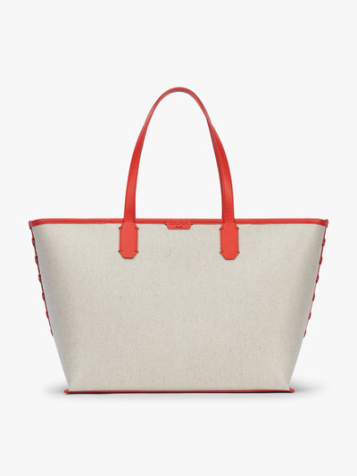 CALPAK Colette 15 Canvas Laptop Tote in beige canvas material  with red finishing in Natural Tomato; CLCT2601-NATURAL-TOMATO view 1