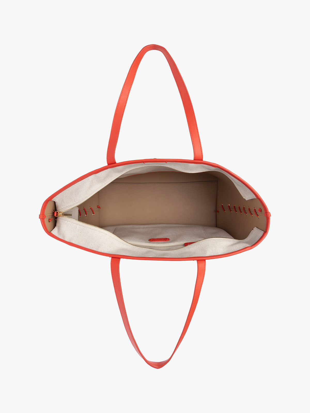 Opened CALPAK Colette 15" Canvas Laptop Tote with zipper and interior pockets in beige canvas material  with red finishing in Natural Tomato; CLCT2601-NATURAL-TOMATO