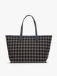 A CALPAK Colette 15" Laptop tote bag with a brown and navy blue plaid pattern and dark navy blue handles, shown against a plain white background; CLCT2601-NAVY-PLAID
