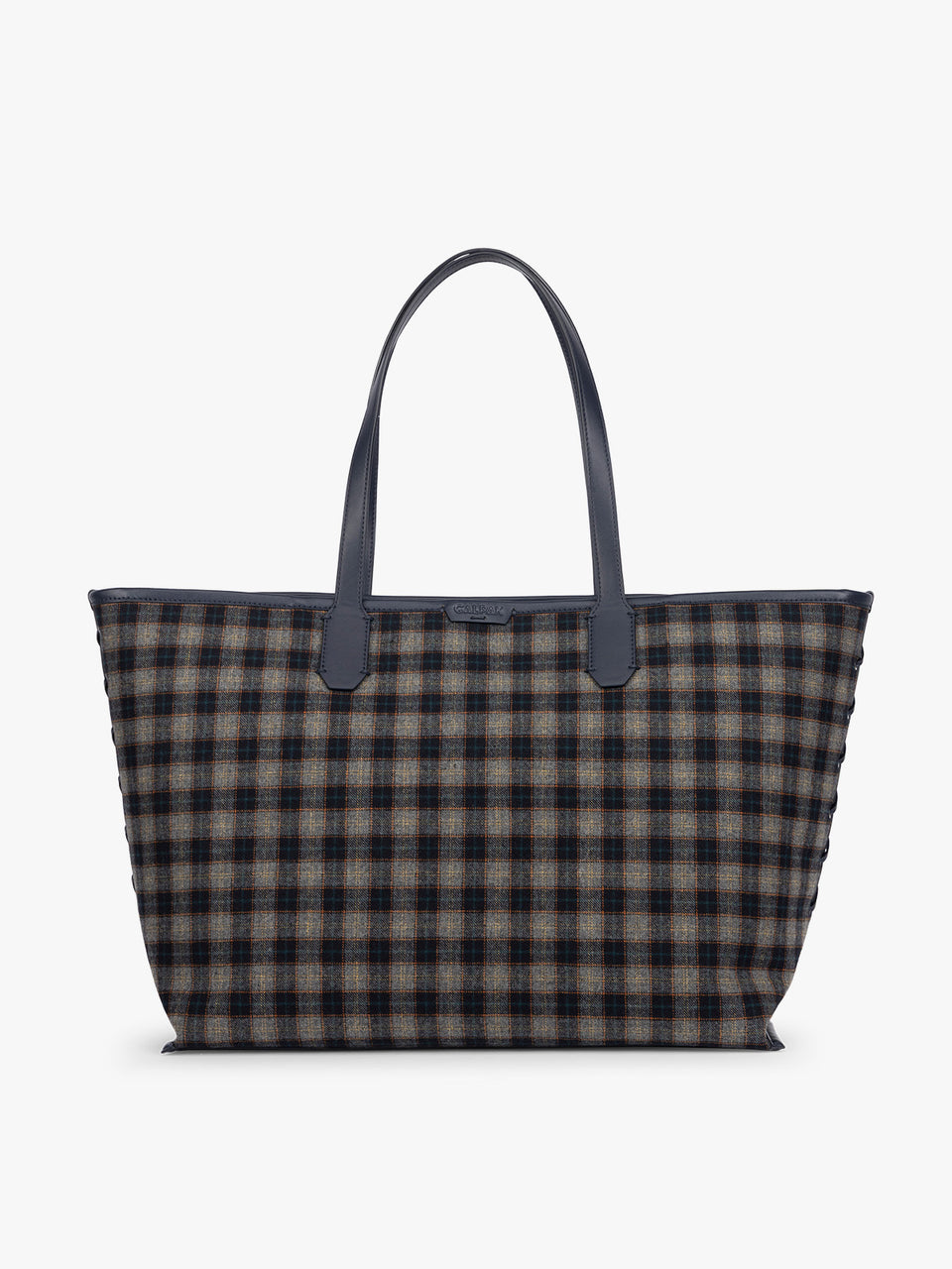A CALPAK Colette 15" Laptop tote bag with a brown and navy blue plaid pattern and dark navy blue handles, shown against a plain white background; CLCT2601-NAVY-PLAID