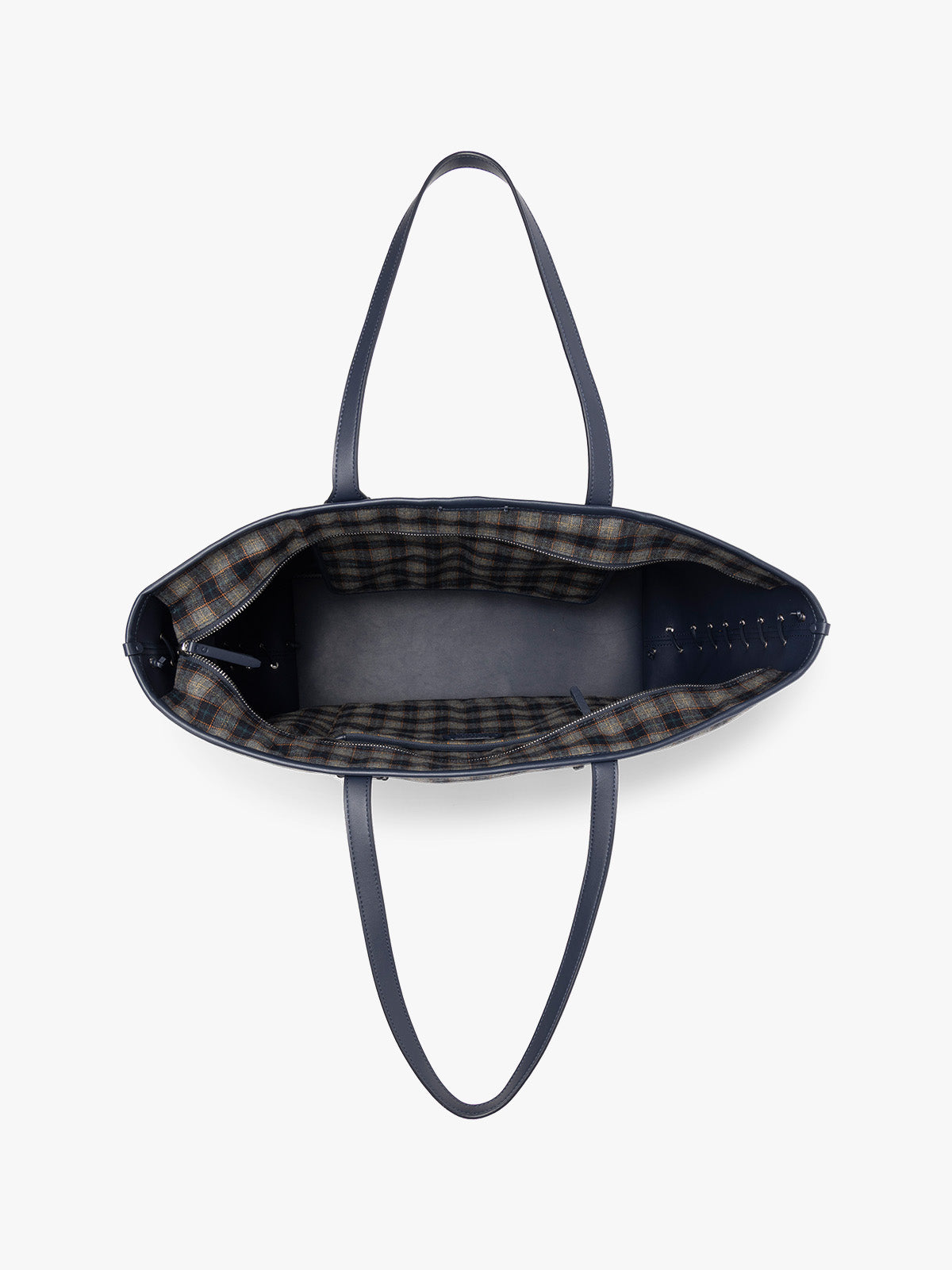 Top-down view of a CALPAK Colette 15" Laptop tote bag with a brown and navy blue plaid pattern and dark navy blue handles, shown against a plain white background; CLCT2601-NAVY-PLAID