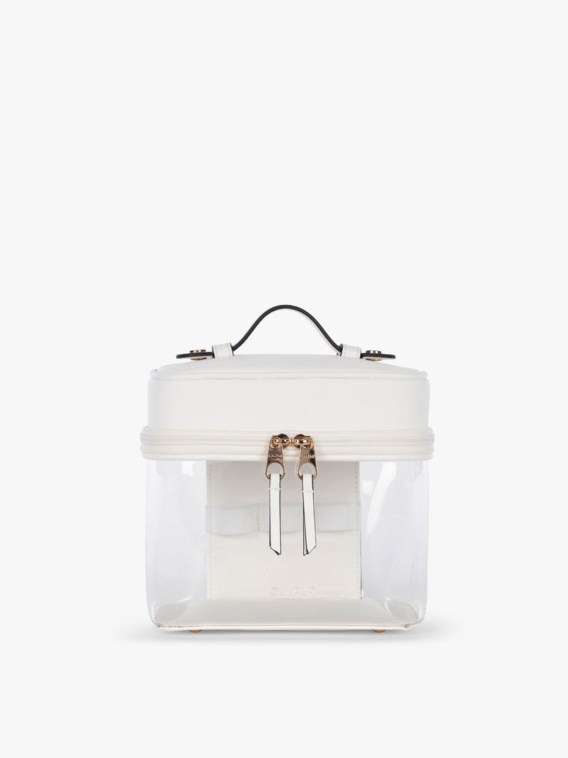 CALPAK Clear Train Case in White front view with zipper