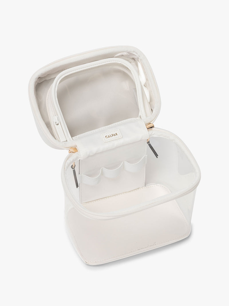 CALPAK Clear Train Case in White open view