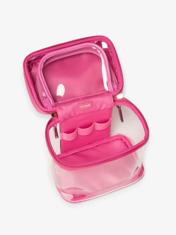 CALPAK Clear Train Case with Top Compartment with interior pocket and elastic loops in pink dragonfruit