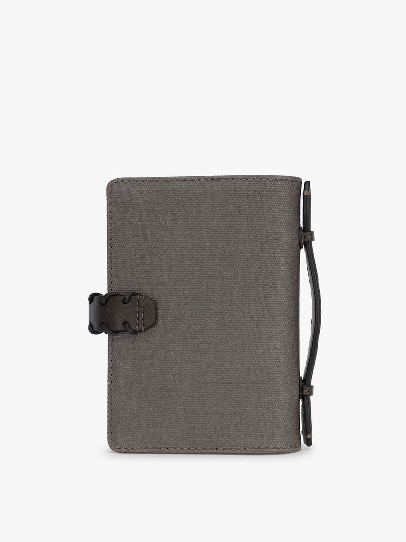 Backside of CALPAK Colette Multi Passport Wallet in brown Mushroom canvas material