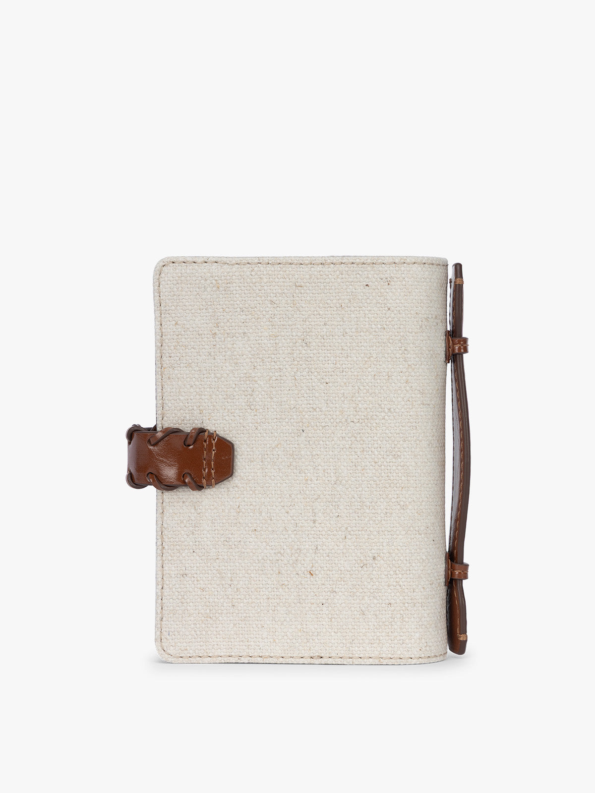 Back side of CALPAK Colette Multi Passport Wallet in beige canvas material and brown finishings in Natural Brown; CLPW2601-NATURAL-BROWN