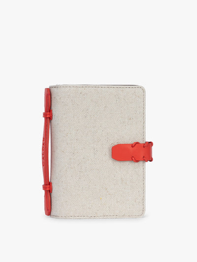 CALPAK Colette Multi Passport Wallet in beige canvas material and red finishings in Natural Tomato; CLPW2601-NATURAL-TOMATO view 1