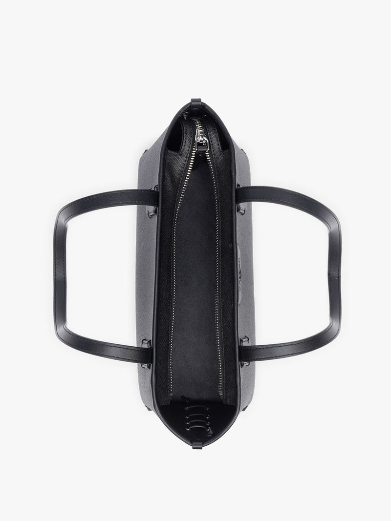 Opened CALPAK Colette Canvas Shoulder Tote in Black canvas material