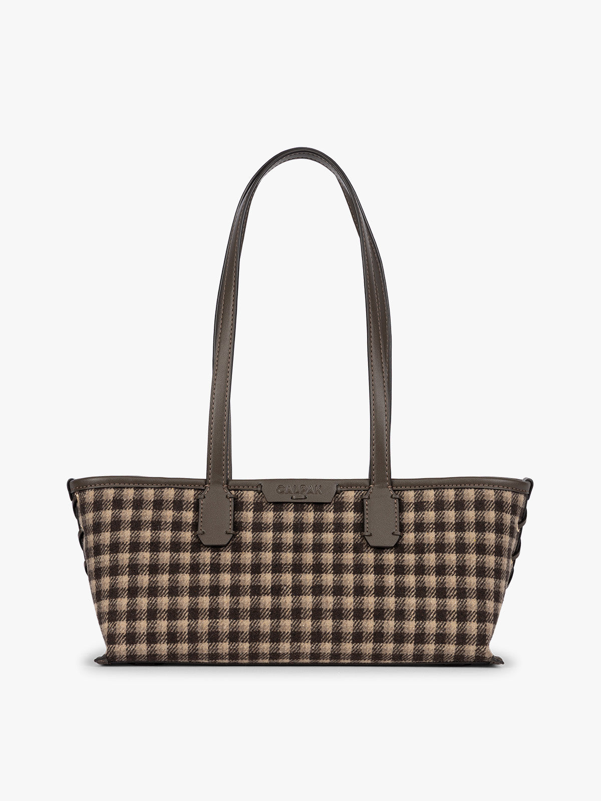 A structured CALPAK Colette Shoulder Tote in Mushroom Plaid featuring a brown and beige gingham check pattern on the body, with dark brown leather handles and trim, shown against a plain light gray background; CLST2601-MUSHROOM-PLAID