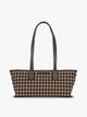 A structured CALPAK Colette Shoulder Tote in Mushroom Plaid featuring a brown and beige gingham check pattern on the body, with dark brown leather handles and trim, shown against a plain light gray background; CLST2601-MUSHROOM-PLAID