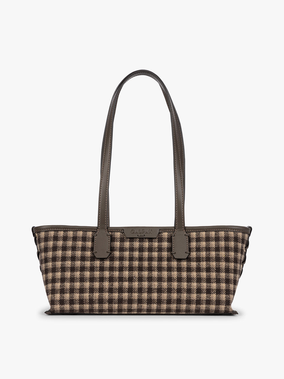 A structured CALPAK Colette Shoulder Tote in Mushroom Plaid featuring a brown and beige gingham check pattern on the body, with dark brown leather handles and trim, shown against a plain light gray background; CLST2601-MUSHROOM-PLAID