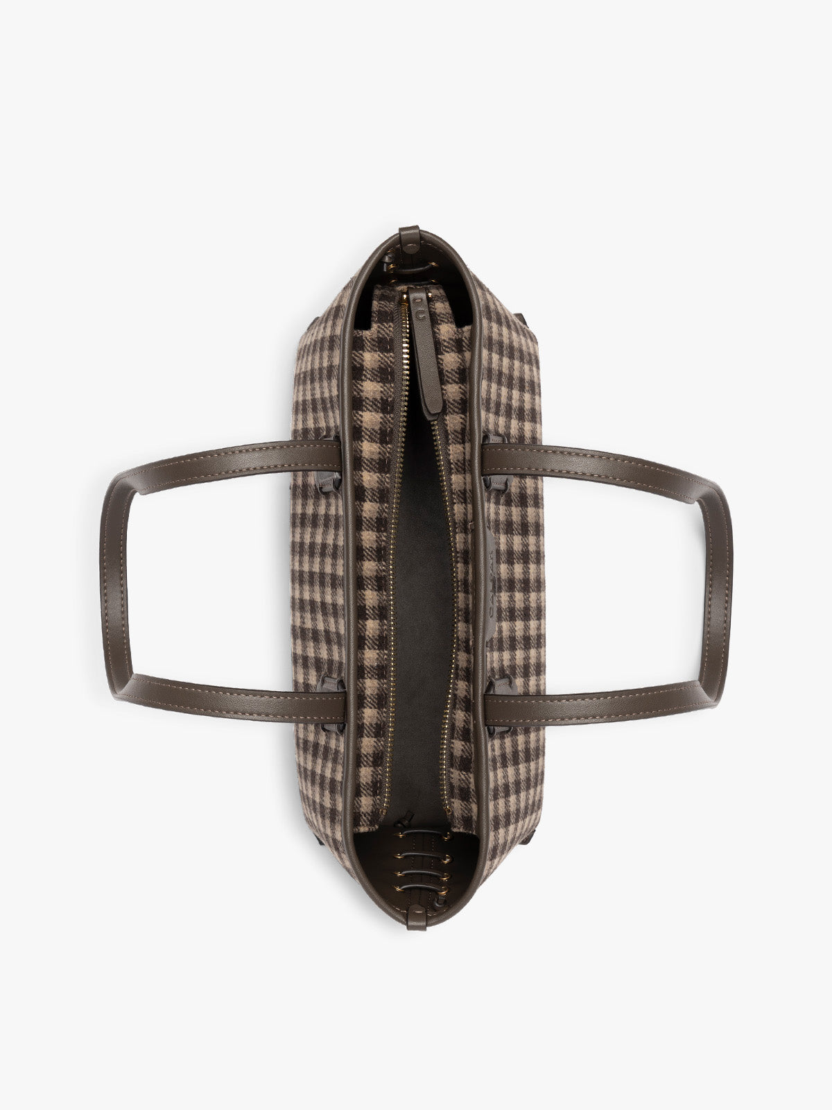 Top view with zipper open of the  CALPAK Colette Shoulder Tote in Mushroom Plaid featuring a brown and beige gingham check pattern on the body, with dark brown leather handles and trim, shown against a plain light gray background; CLST2601-MUSHROOM-PLAID