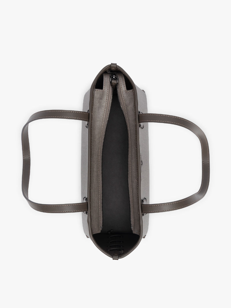 Opened view of CALPAK Colette Canvas Shoulder Tote with zipper in brown Mushroom canvas material