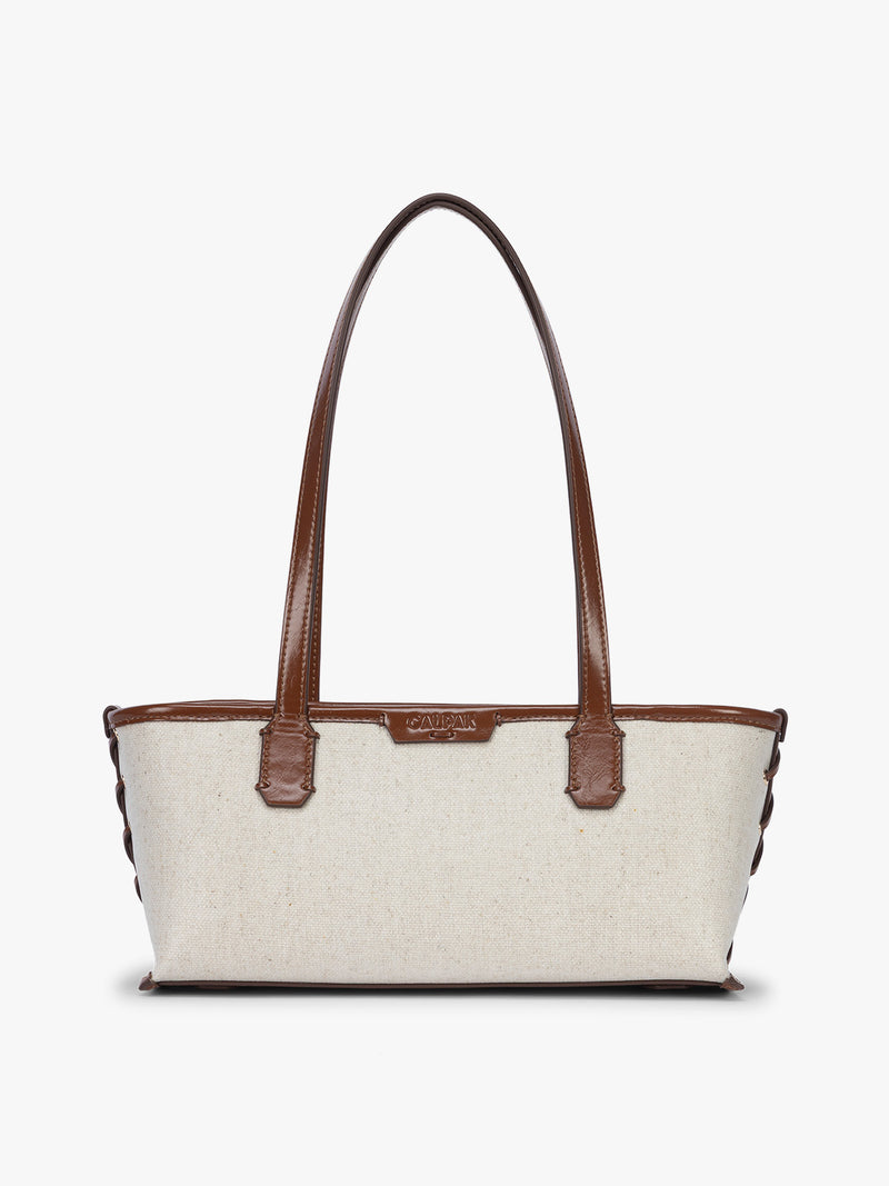 CALPAK Colette Canvas Shoulder Tote in beige canvas material and brown finishing