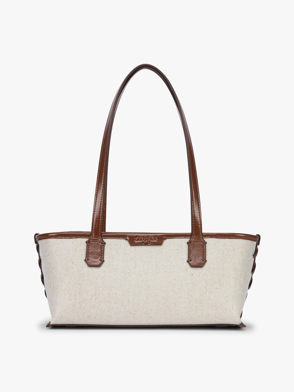CALPAK Colette Canvas Shoulder Tote in beige canvas material and brown finishing; CLST2601-NATURAL-BROWN
