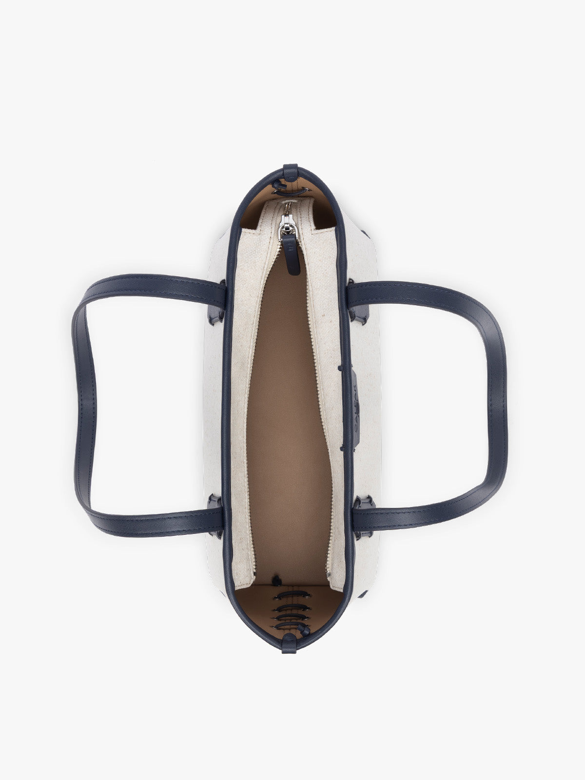 Opened view of CALPAK Colette Canvas Shoulder Tote with zipper  in beige canvas material  and blue finishing; CLST2601-NATURAL-NAVY