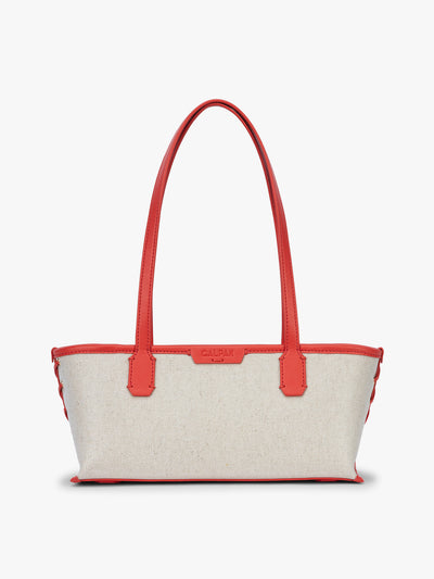 CALPAK Colette Canvas Shoulder Tote in beige canvas material and red finishing; CLST2601-NATURAL-TOMATO view 1