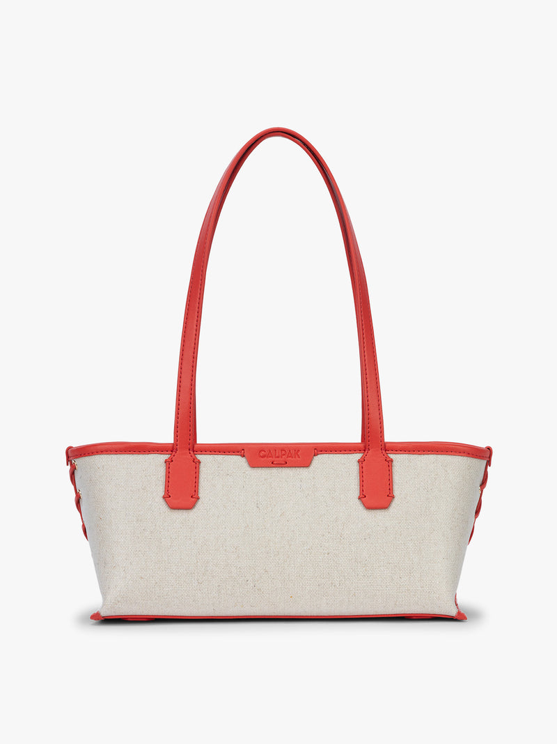 CALPAK Colette Canvas Shoulder Tote in beige canvas material and red finishing
