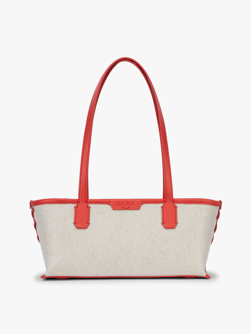 CALPAK Colette Canvas Shoulder Tote in beige canvas material and red finishing; CLST2601-NATURAL-TOMATO