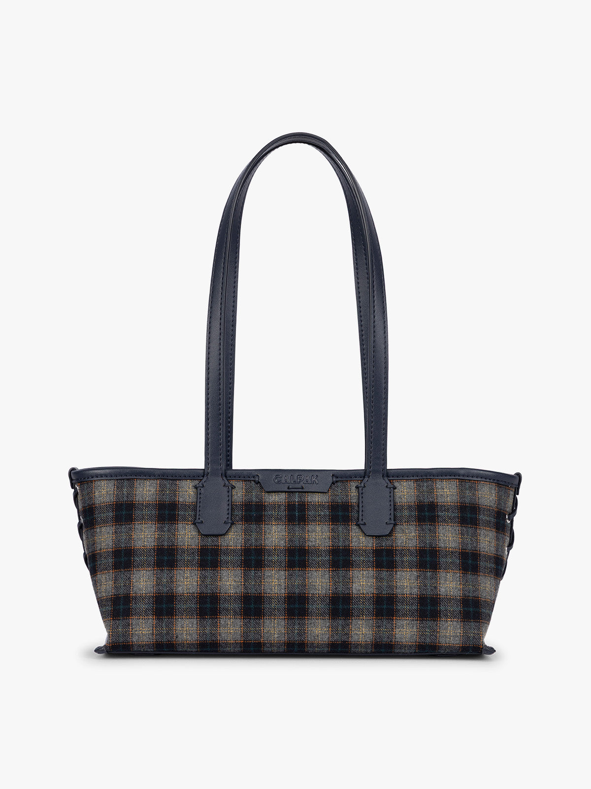 A structured CALPAK Colette Shoulder Tote in Navy Plaid featuring a blue and beige gingham check pattern on the body, with dark brown leather handles and trim, shown against a plain light gray background; CLST2601-NAVY-PLAID