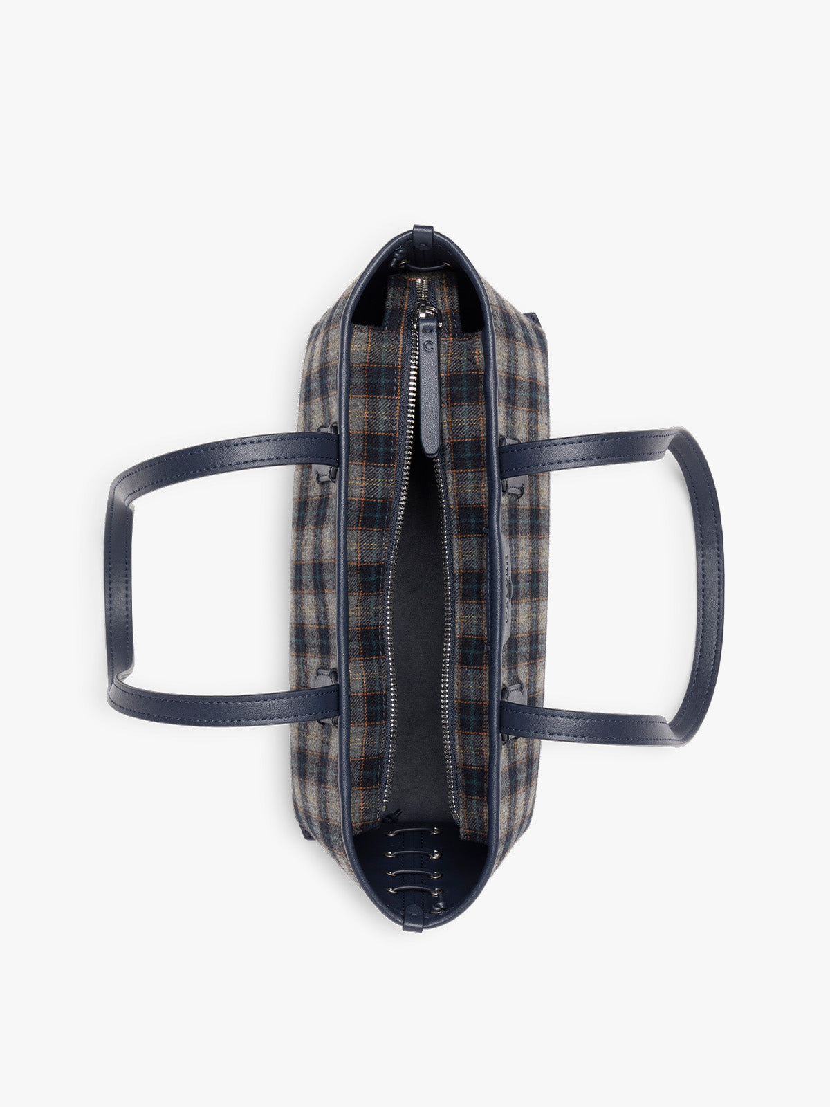 Top view with zipper open of the CALPAK Colette Shoulder Tote in Navy Plaid featuring a blue and beige gingham check pattern on the body, with dark brown leather handles and trim, shown against a plain light gray background; CLST2601-NAVY-PLAID